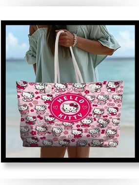 🆕 Hello Kitty Pink Pattern Tote with White Rope Handles